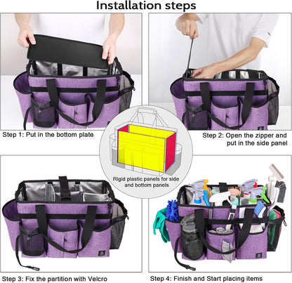 Large Cleaning Caddy Bag Built-in hard plastic sheet Aluminum foil lining | Waterproof nylon, aluminum foil lining, detachable dividers, dual straps for housekeepers