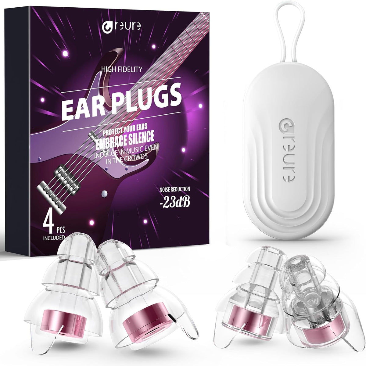 Reure High Fidelity Concert Ear Plugs, Noise Cancelling Silicone Ear Plugs 2 Pairs Great for Concerts Loud Music, Musicians, Motorcycles, Airplanes, Raves, Hearing Protection -23 dB