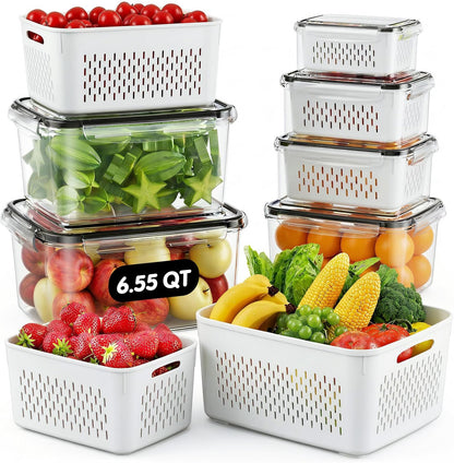 JSCARES Fruit Storage Containers for Fridge with Removable Colander, 6 Pack | Plastic Produce Saver for Refrigerator, Fruit Organizers Keep Berry Veggie Fresh Longer, Dishwasher Safe, Largest 6.55 Quart