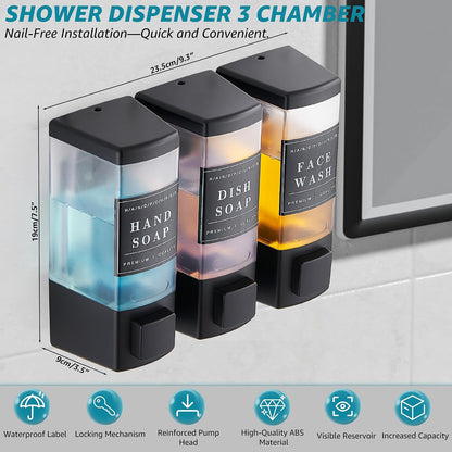 Shampoo and Conditioner Dispenser for Shower, 3 Chamber, Black | Wall Mounted, No Drill, 3×16.9oz, ABS Plastic Material, Refillable With Labels, For Bathroom Hotel