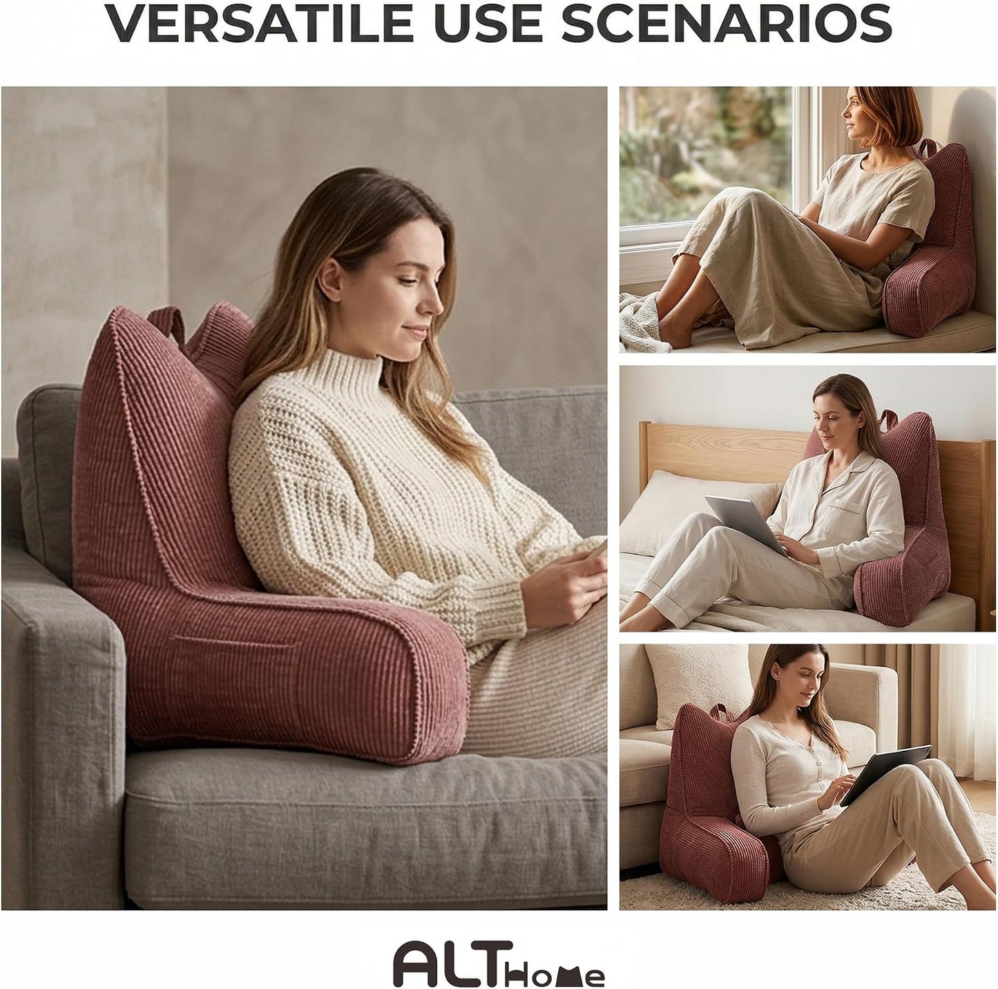 Patented Design Reading Pillow with Arms for Sitting Up, 2-in-1 Bed Rest Pillow with Detachable Lumbar Support, Backrest Support Cushion for Couch with Side Pockets & Handle, Beige Gray