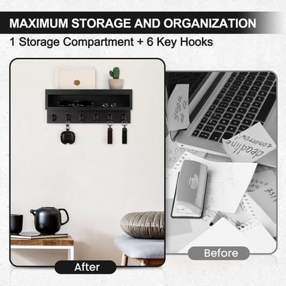 Key and Mail Holder Wall Mount with Long Storage Box and 6 Hooks | Key Holder For Coat, Dog Leash, Home Decor Rack, Entry Way Organizer