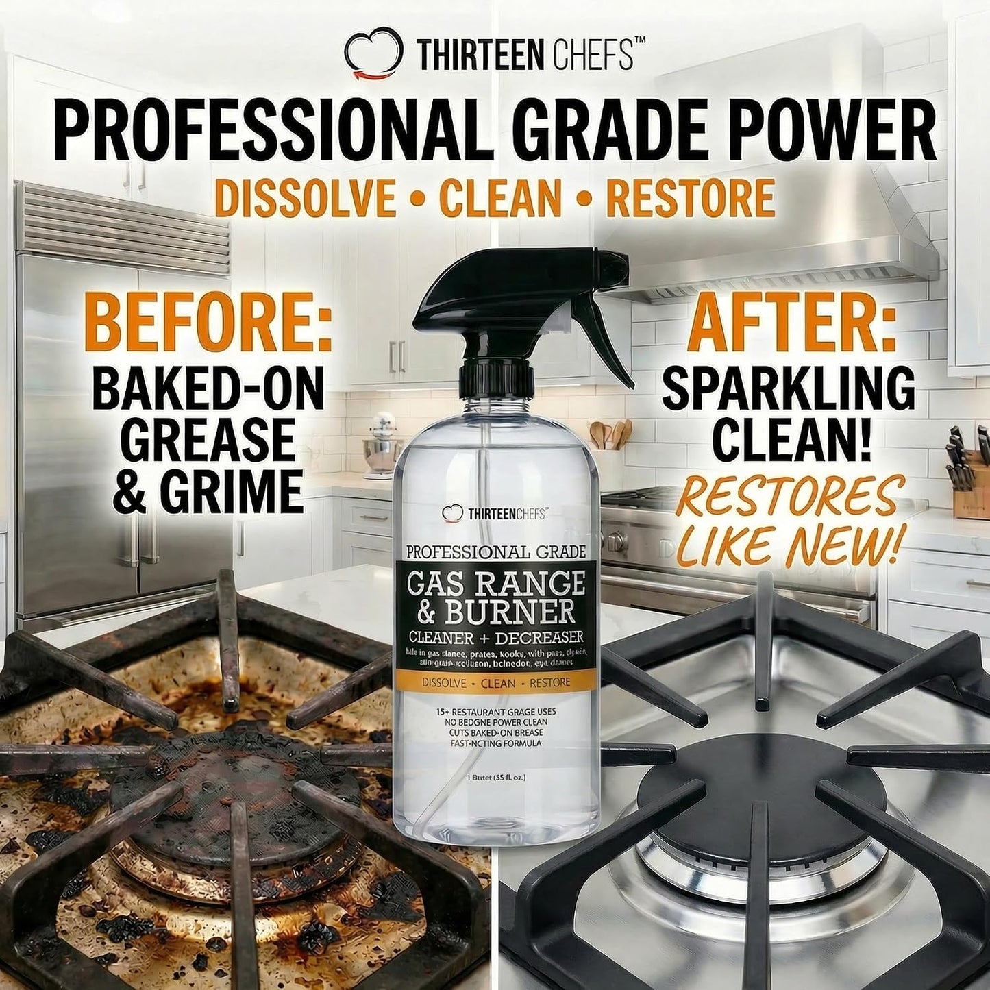 Thirteen Chefs Gas Stove Cleaner for Range, Burner, Oven and Surfaces, 32oz | Cuts Through Carbon and Baked on Food, Fume Free with no VOCs, Cleans Ceramic Glass Steel Iron Grills and BBQs