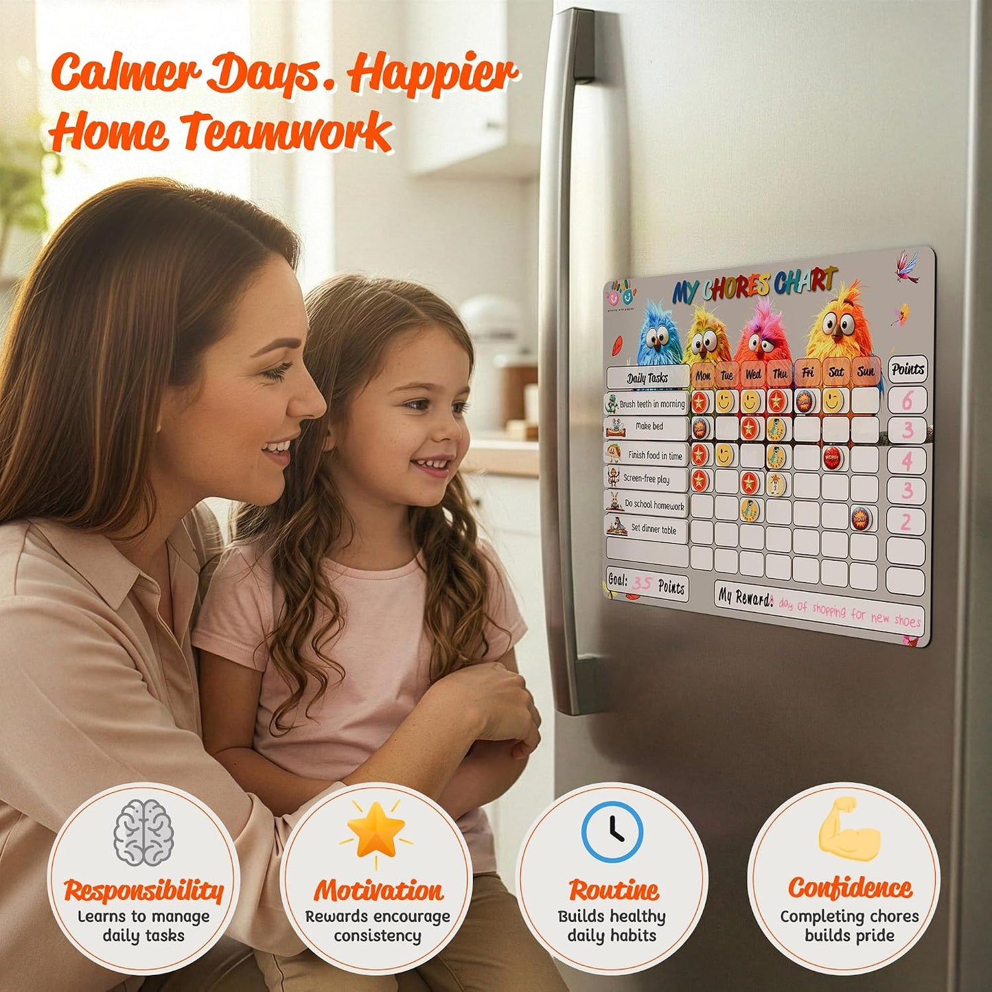 Mimi Doodle Magnetic Chore Chart for Kids – 16x12 Dry Erase Daily Responsibility Board for Fridge with 39 Chore tabs, 100 Reward Stickers – Behavior Chart for Kids at Home – Simple Theme