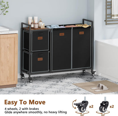 Hoctieon 4 Section Laundry Cart, 52.8 Gal. (200L) Laundry Hamper with Lid, Laundry Basket with Wheels, Rolling Laundry Sorter Organizer with Shelf, Clothes Separator with Removable Bags, Black