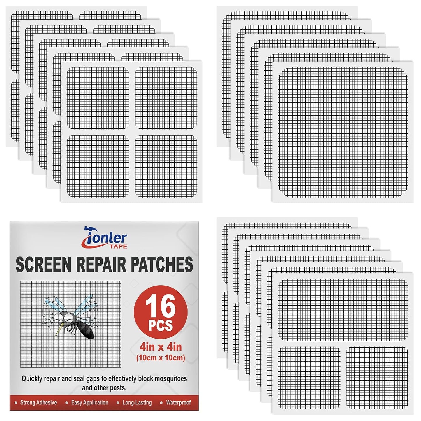 16pcs Fiberglass Screen Repair Patches 3 Sizes Gray Self Adhesive Mesh Tape | Fast Repair Tape for Window, Screen Door & Mosquito Net, Instant Patch to Fix Small Holes and Tears Easily