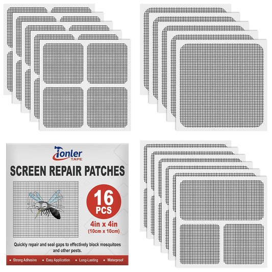 16pcs Fiberglass Screen Repair Patches 3 Sizes Gray Self Adhesive Mesh Tape | Fast Repair Tape for Window, Screen Door & Mosquito Net, Instant Patch to Fix Small Holes and Tears Easily