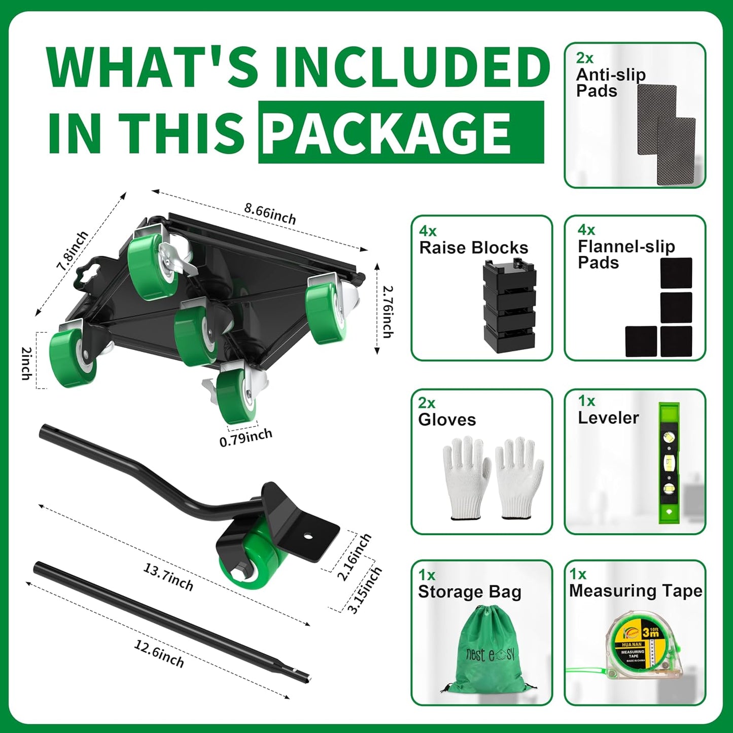 Heavy Duty Furniture Dolly 360 Rotate 5 Wheels 3000 Lbs Capacity 5.3x5.3 in | Furniture Movers with Green Wheels, Measure Tape & Leveler, Alloy Steel Furniture Lifter Tool for Smooth Home & Office Uses