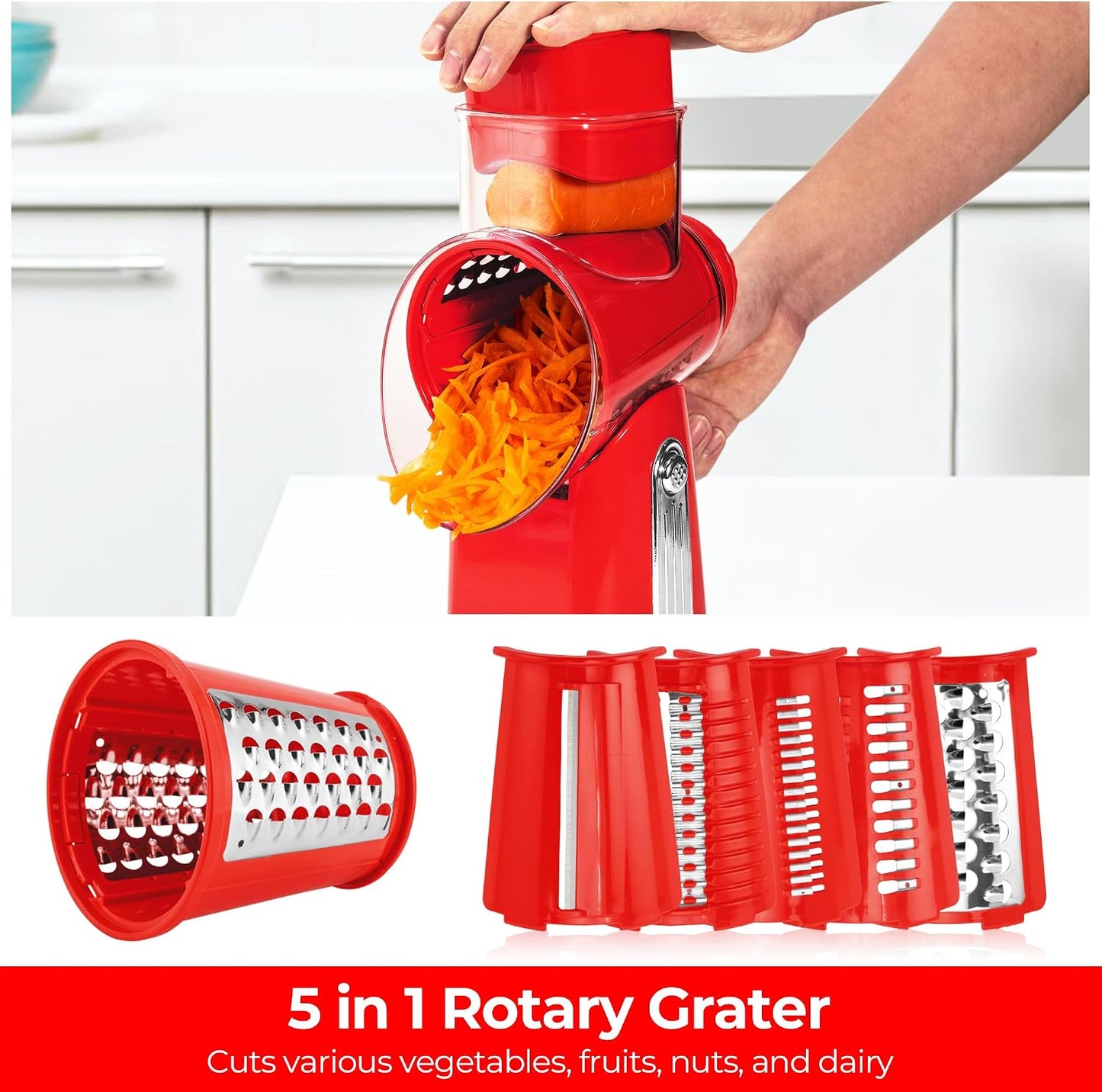 SUSTEAS Rotary Cheese Grater 5 Blades,Kitchen Mandoline Vegetable Slicer | White, Easy to Clean, Strong Suction Base, 5 Blades Storage Box, Round Mandoline Slicer & Food Chopper for Salad