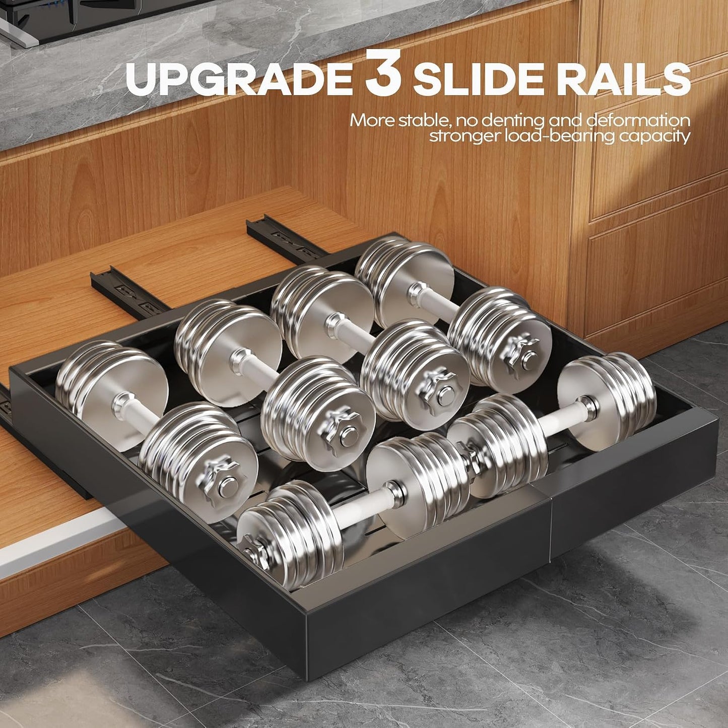 Seinloes 2Pack Expandable Pull Out Cabinet Organizer 21"Deep With Raising Pad for Framed Cabinets, Upgrade 3 Slide Rails Slide Out Drawers, Roll Out Shelves Adhesive,Adjustable Width 12.05"-20.4"White