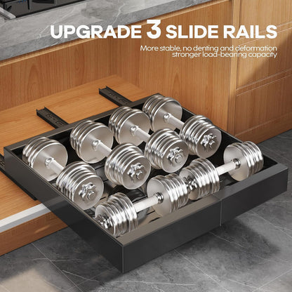 Seinloes 2Pack Expandable Pull Out Cabinet Organizer 21"Deep With Raising Pad for Framed Cabinets, Upgrade 3 Slide Rails Slide Out Drawers, Roll Out Shelves Adhesive,Adjustable Width 12.05"-20.4"White