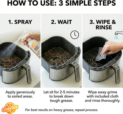 Air Fryer Cleaner Spray – Citrus Powered Grease Remover, Non-Toxic & Plant-Based, Cuts Baked-On Oil & Odor, Safe for Kitchen Appliances, USA Made – 16fl oz