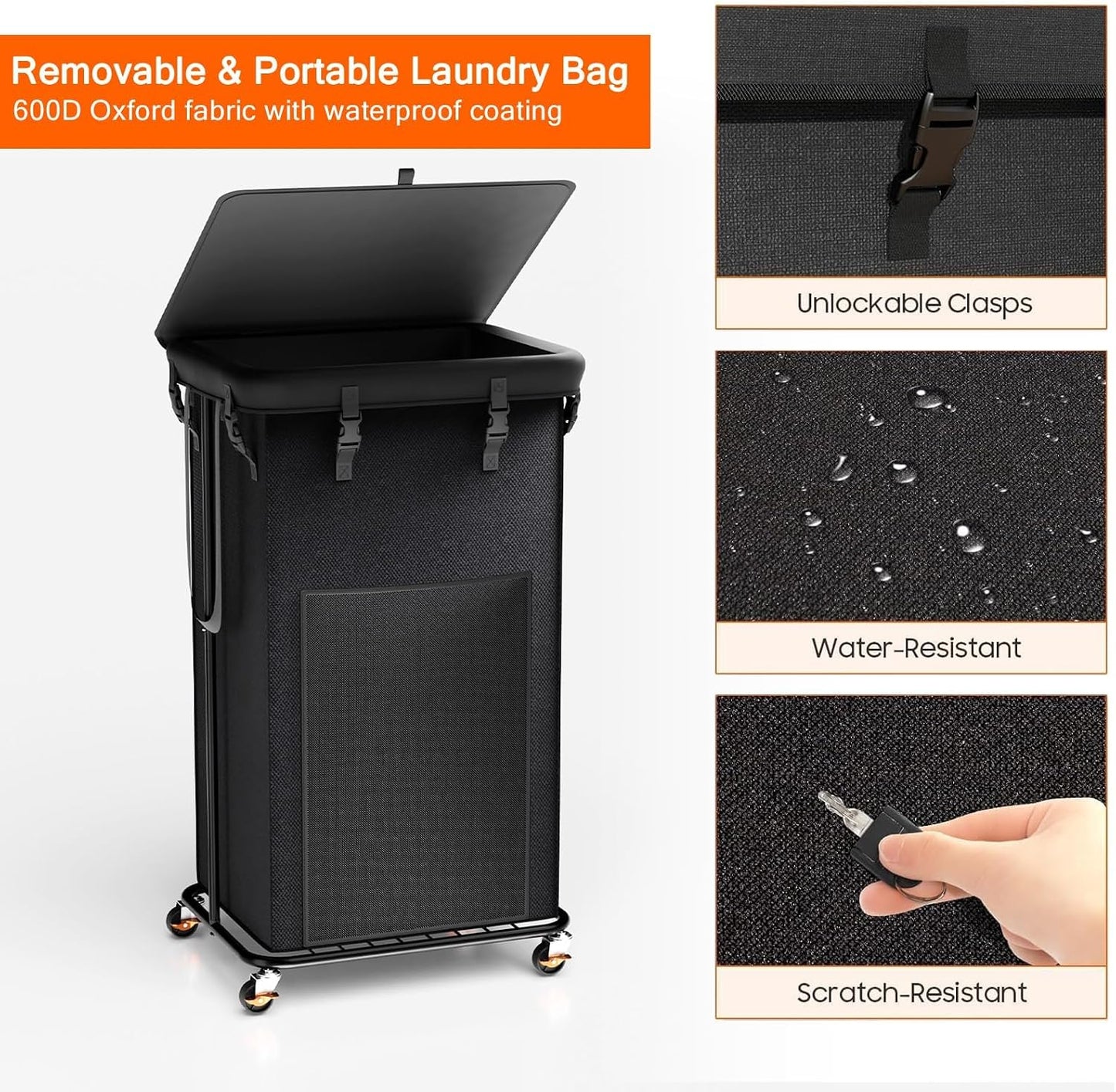 Laundry Hamper with Wheels, 150L Rolling Laundry Basket with Bag & Handles | Sturdy Metal Frame | Removable Bag | Large & Tall Dirty Clothes Hampers for Laundry Room, Bedroom, Dorm, Bathroom-Black