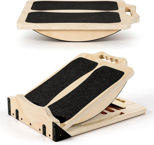 MoKo 2-in-1 Wooden Slant Board & Balance Board, 4 Adjustable Inclines Calf Stretcher for Knees, Ankles, Heels, Feet and Legs, Non-slip Stretch Boards Support up to 220lbs