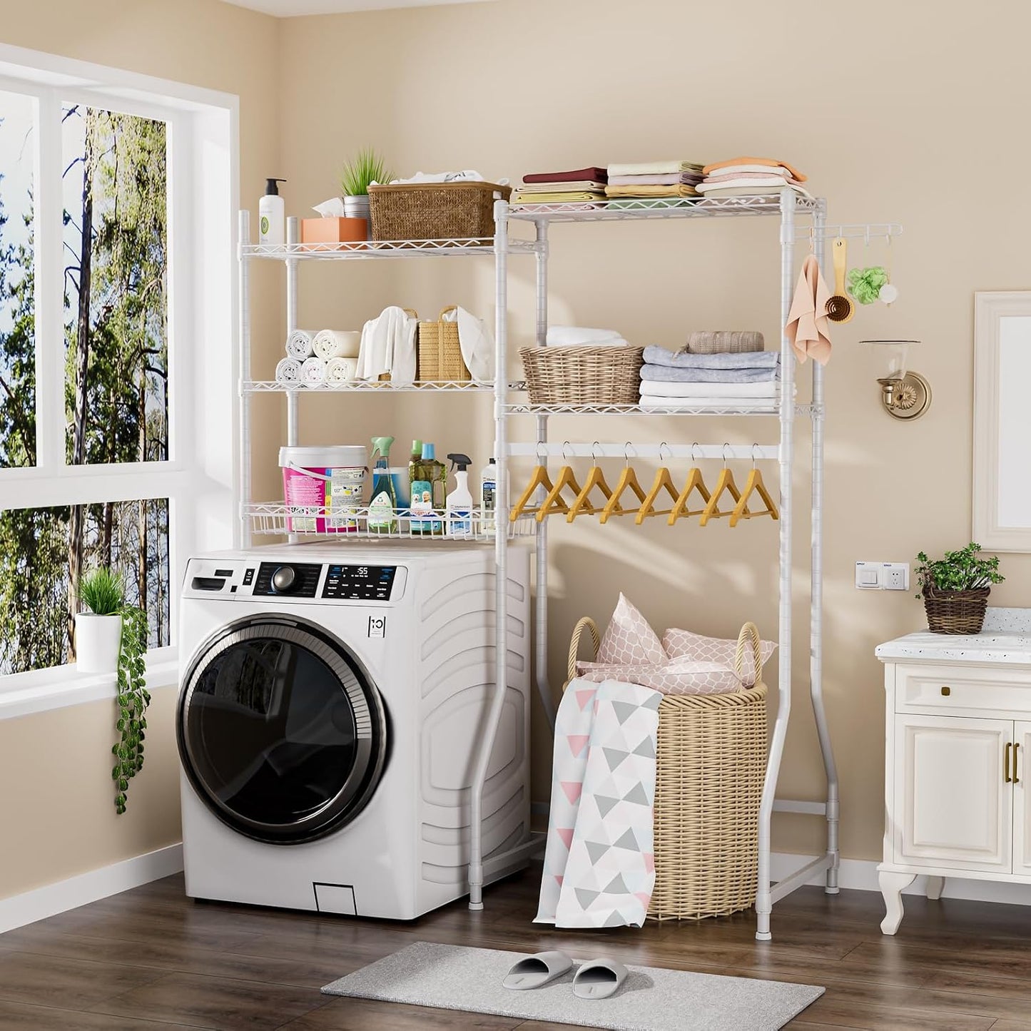 Golpart Laundry Organizer Shelves Over the Washer and Dryer Storage Shelf | Heavy Duty Laundry Room Organization Clothes Drying Rack Adjustable Height Wire Shelving and Wire Basket with Hanger Rod