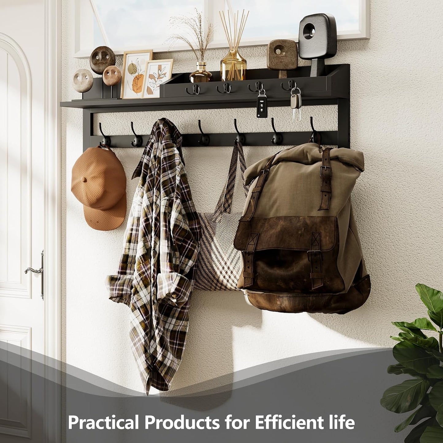 AMBIRD Wall Hooks with Shelf, 26.57 Inch Entryway Wood Coat Hooks for Wall with Shelf, Coat Rack Wall Mount with 5 Dual Hooks 3 Key Hooks Mail Organizer and Key Rack Holder (Brown)