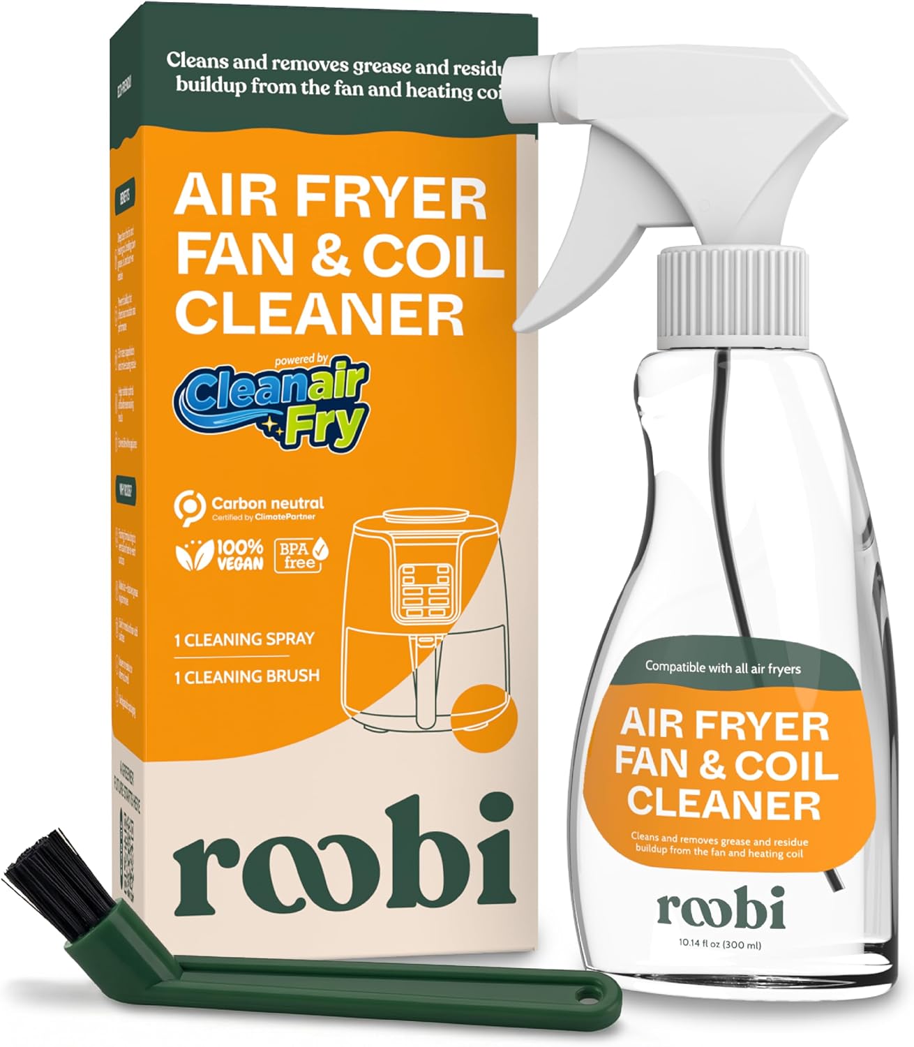 Roobi Air Fryer Cleaner, 6 Powder Sachets + Brush | Deep Cleans Drawer, Basket & Grill Without Scrubbing, Coating-Safe, Food-Contact Safe, Organic