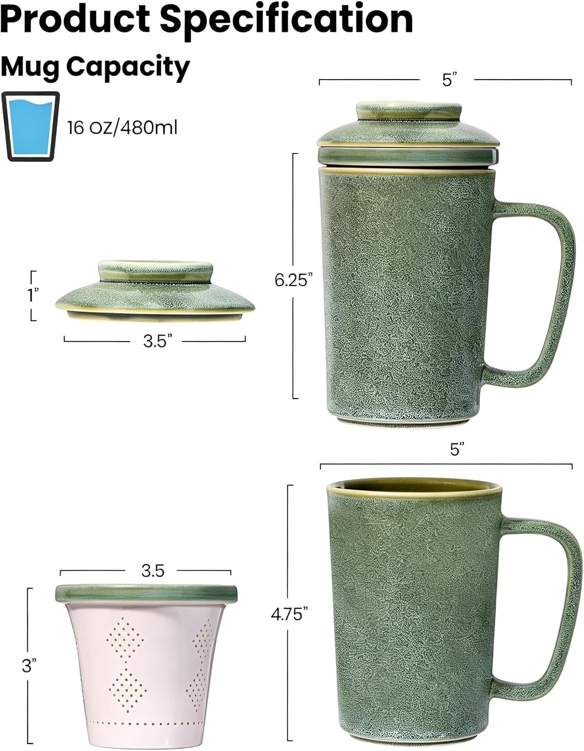 Ceramic Tea Mug with Infuser and Lid,16oz Porcelain Loose Leaf Tea Cup with Large Handle,Metal-Free Filter,Microwave &Dishwasher Safe,Perfect for Tea,Coffee (Sage Green)
