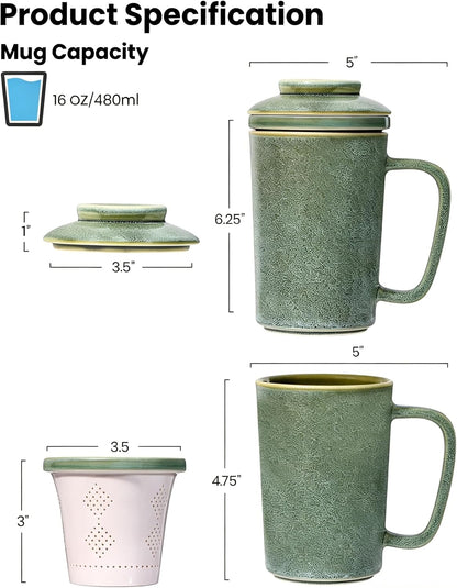 Ceramic Tea Mug with Infuser and Lid,16oz Porcelain Loose Leaf Tea Cup with Large Handle,Metal-Free Filter,Microwave &Dishwasher Safe,Perfect for Tea,Coffee (Sage Green)