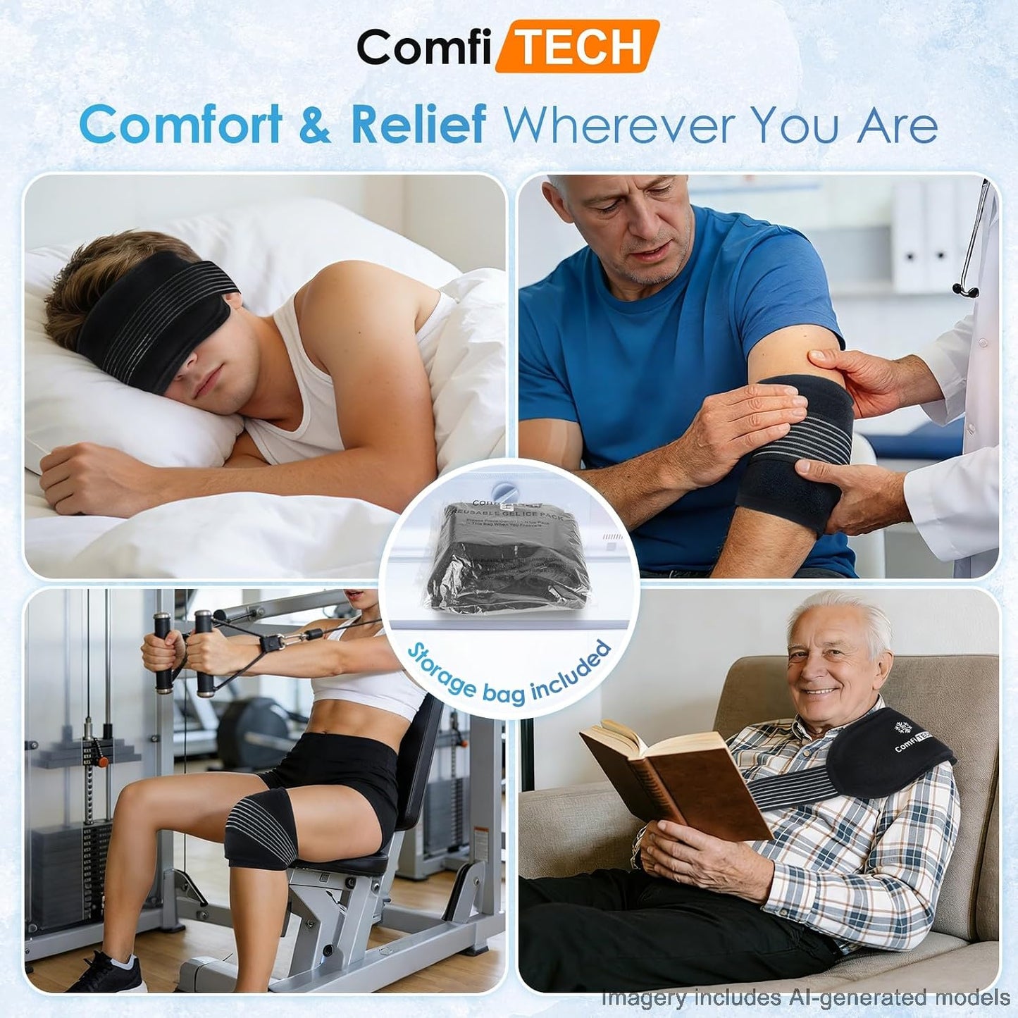 ComfiTECH Triple-Gel Soft Ice Packs with Extended 30-Min Cooling, 10"×5" | Flexible Ice Wraps with Adjustable Strap for Joint, Reusable Packs for Muscle Recovery on Knee, Back, Shoulder, Arm, Neck