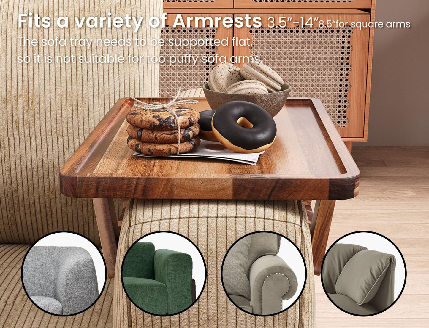 2 Packs Acacia Wood Couch Arm Tray，Folding Sofa Armrest Table | Clip-On Couch Desk,Foldable, Non-slip,No Assembly，for Drinks Snacks Phone，Remote Control
