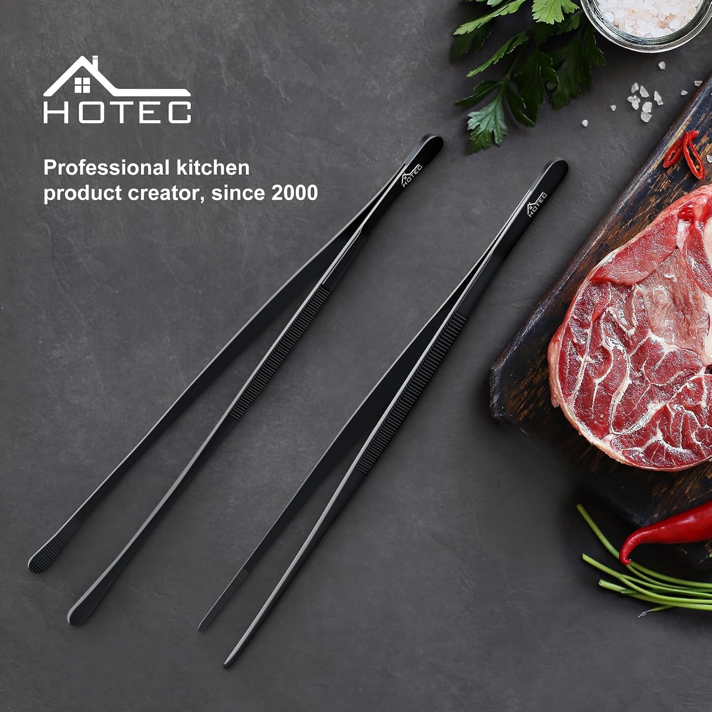 HOTEC Kitchen Tweezers Tongs Stainless Steel, Set of 6 - Professional Cooking Tweezers for Cooking, Chefs, BBQ, Seafood, Baking & Repair
