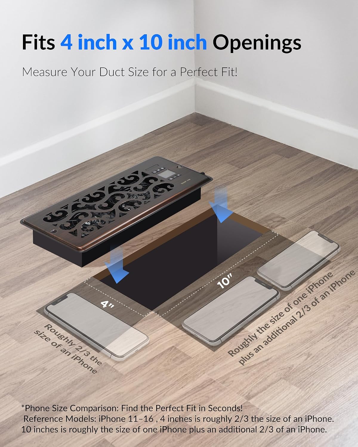 Howeall 4" x 10" Super Quiet Register Booster Fan - Upgrade Smart Register Vent with Ionizer and Dual Intelligent Thermostat Control - Heating Cooling Vent Fan Booster - Charleston Design (ORB)