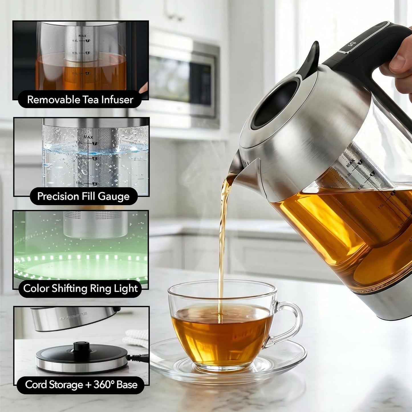OVENTE 1.8L Glass Electric Kettle with Tea Infuser, Silver KGD752S | 1500W Fast Boiling, Easy Fill Lid, 7 Temperature Control, Keep Warm, Digital Display, Auto Shut-Off, Boil-Dry Protection