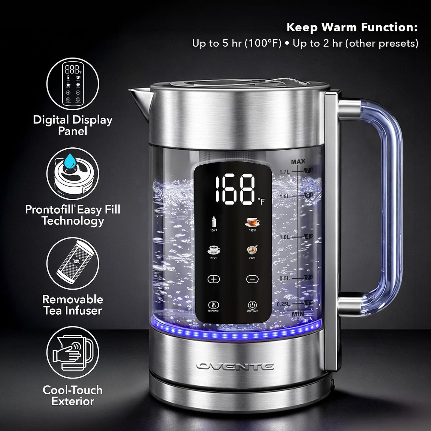 OVENTE 1.8L Glass Electric Kettle with Tea Infuser, Silver KGD752S | 1500W Fast Boiling, Easy Fill Lid, 7 Temperature Control, Keep Warm, Digital Display, Auto Shut-Off, Boil-Dry Protection