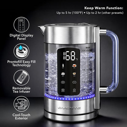 OVENTE 1.8L Glass Electric Kettle with Tea Infuser, Silver KGD752S | 1500W Fast Boiling, Easy Fill Lid, 7 Temperature Control, Keep Warm, Digital Display, Auto Shut-Off, Boil-Dry Protection