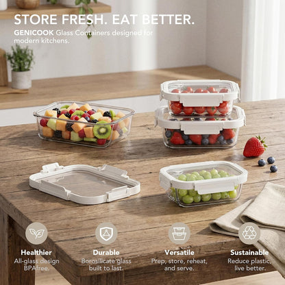 Glass Produce Storage Containers for Fridge, 2-Pack – Airtight Fruit & Vegetable Containers with Removable Colanders, Flexible Silicone Lids,LeakProof, BPA-Free Borosilicate Glass