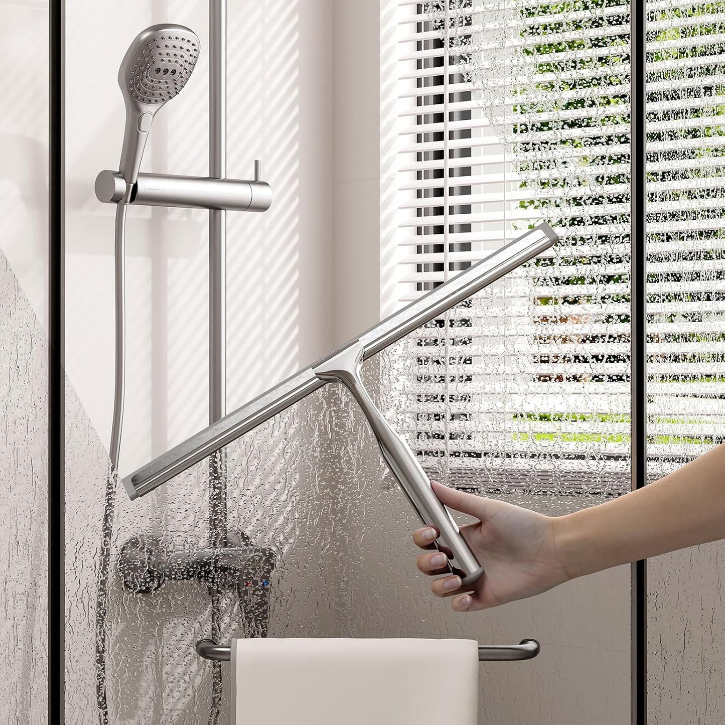 Shower Squeegee for Glass Doors, Stainless Steel Shower Squeegee for Bathroom, Window and Tiles, All-Purpose Squeegee with Adhesive Hook-10”, Chrome