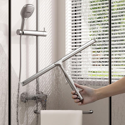 Shower Squeegee for Glass Doors, Stainless Steel Shower Squeegee for Bathroom, Window and Tiles, All-Purpose Squeegee with Adhesive Hook-10”, Chrome
