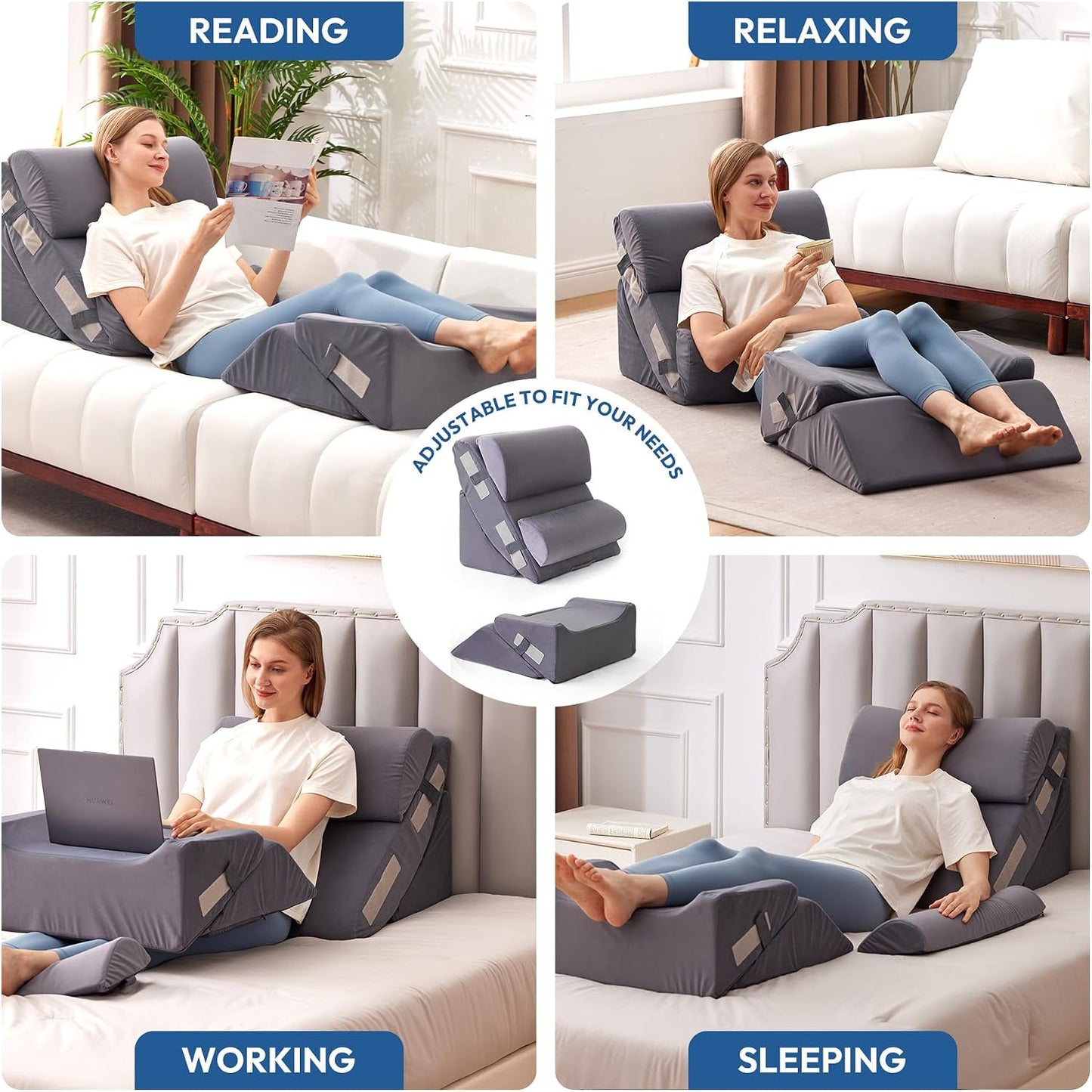 Ahpmeoa 6PCS Wedge Pillow Set for After Surgery, Back Pillow for Bed Sitting Up, Orthopedic Bed Wedge for Body, Leg Pain Relief, Memory Foam Pillow for Post Surgery, Sleeping, Acid Reflux, Plush Grey