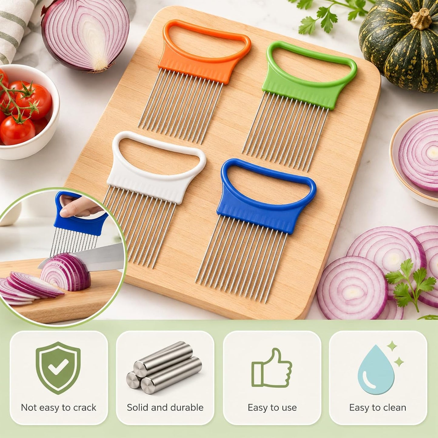 4 Pcs Onion Holder Slicing with Protective Cover, Assistant ToolStainless Steel