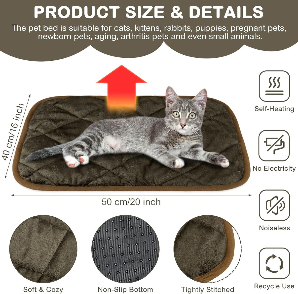 2 Pack Self Heating Cat Mat Self Warming Pet Pads Washable Kennel Mat Dog Crate Pad Reflects Body Heat Non Skid Cat Thermal Pads for Puppy Indoor Outdoor(Black,16 x 20 Inches)