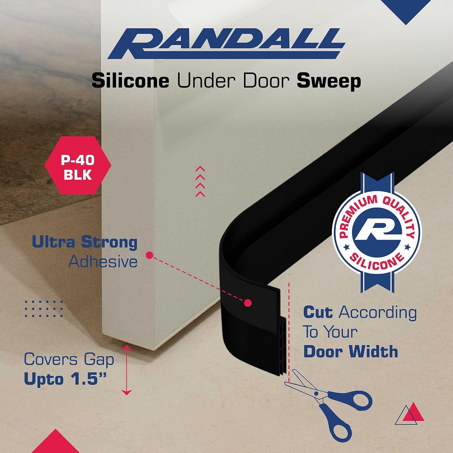 Adhesive Backed Door Draft Stopper – Silicone Under Door Sweep for Interior & Exterior Doors, Noise & Air Insulation, Self Stick Weather Stripping Door Seal, 2" W x 39" L (White) by Randall Mfg