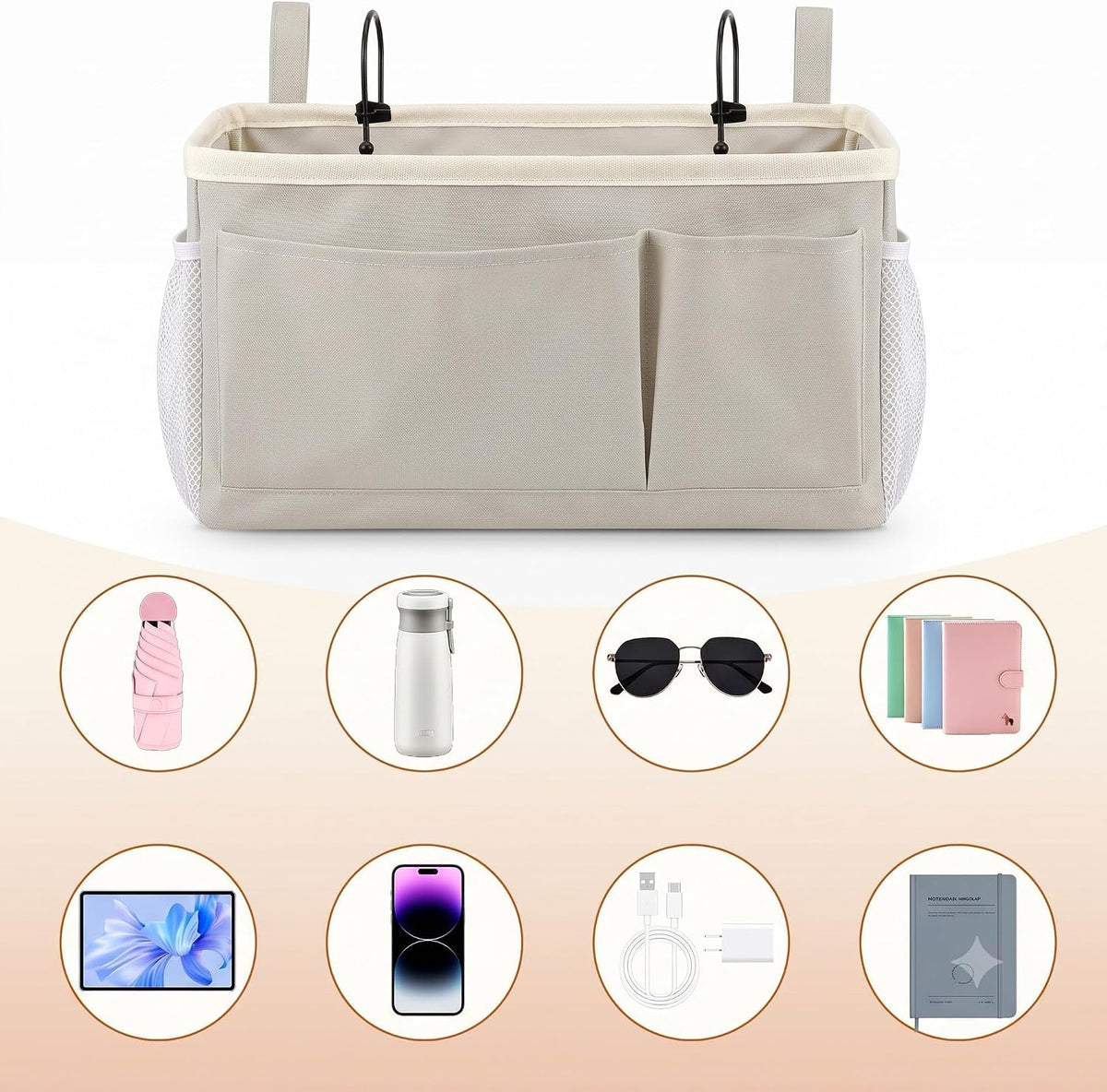 Fab totes Bedside Caddy for Dorm Bed, Bedside Storage Bag Hanging Organizer