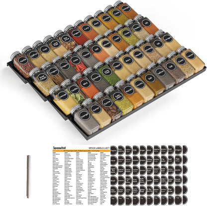 SpaceAid Spice Drawer Organizer with 28 Spice Jars, 386 Spice Labels, 4 Tier Seasoning Rack Tray Insert for Kitchen Drawers, 13" Wide x 17.5" Deep