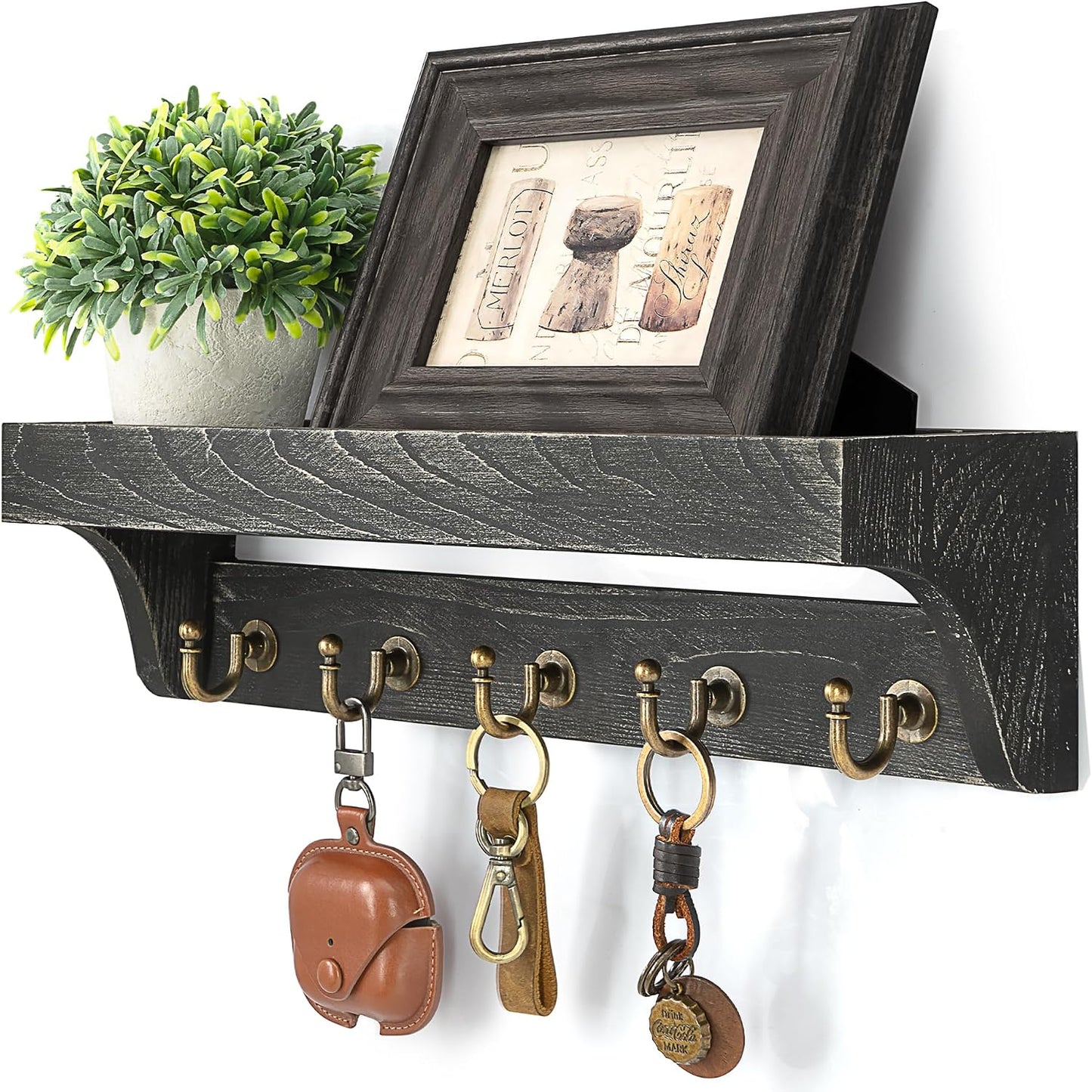 Rebee Vision Key Holder Wall Mount with 5 Hooks for Entryway, Retro Brown | Display Shelf for Plant & Letters, Key Shelf for Hats, Dog Leashes, Mail Organizer, Decorative Entryway & Living Room