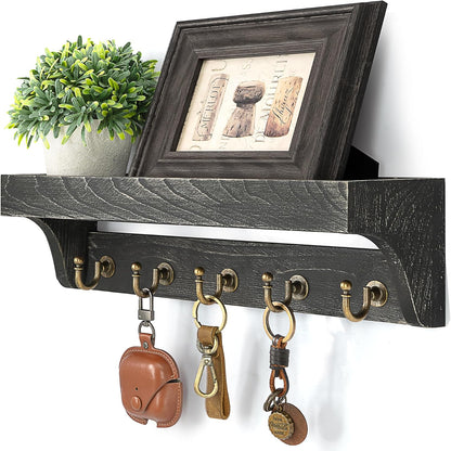 Rebee Vision Key Holder Wall Mount with 5 Hooks for Entryway, Retro Brown | Display Shelf for Plant & Letters, Key Shelf for Hats, Dog Leashes, Mail Organizer, Decorative Entryway & Living Room