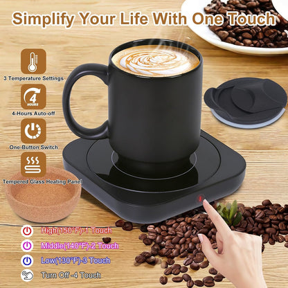 Coffee Mug Warmer & Mug Set for Desk, Electric Coffee Cup Warmer with Ceramic Mug, Smart Heated Coffee Mug with Auto Shut Off for Office/Home, Christmas/Birthday/Coffee Gifts for Men & Women, Wood