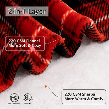 Heated Electric Blanket, Red Christmas Sherpa Plaid Throw Blanket