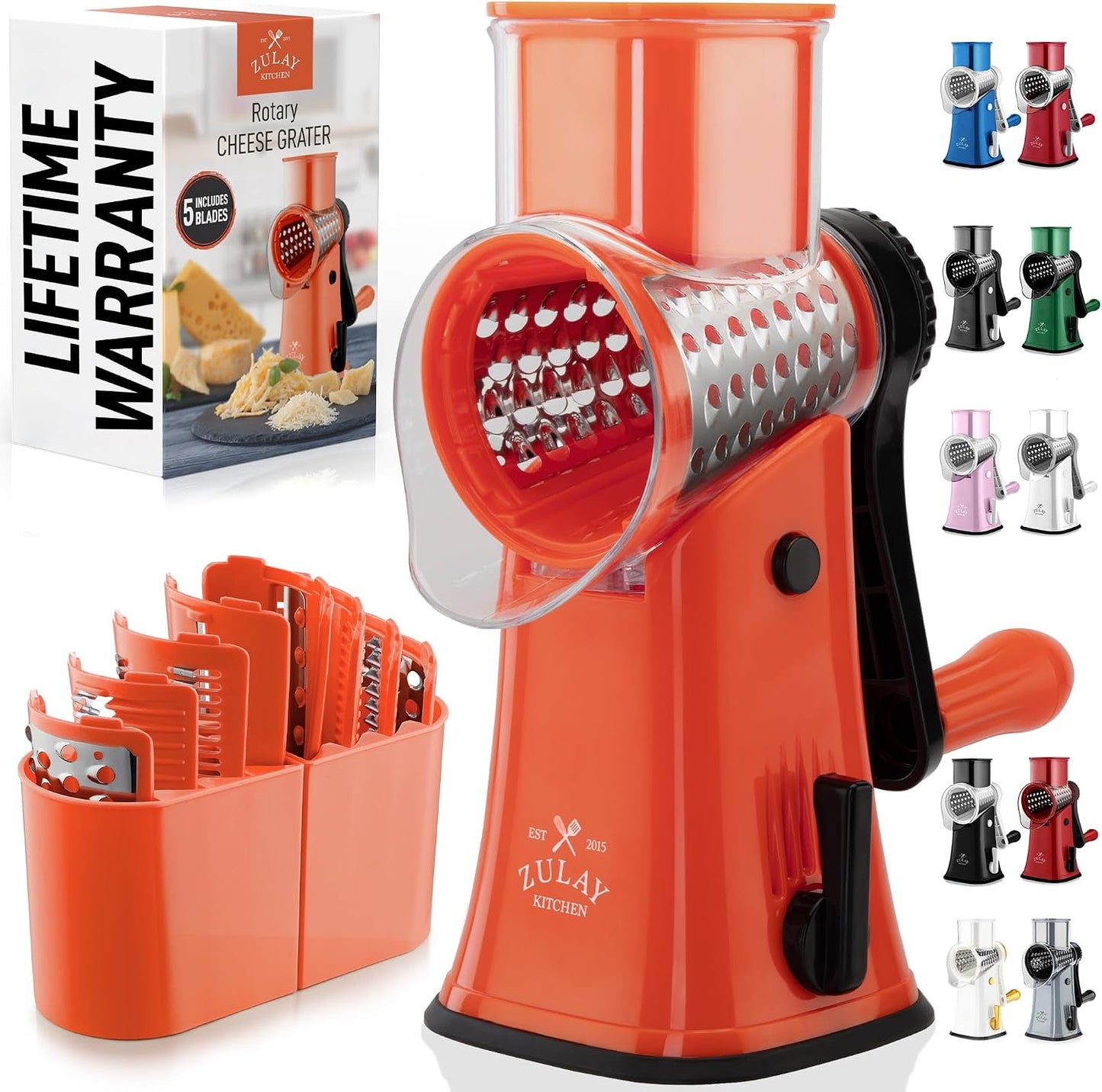 Zulay Kitchen Rotary Cheese Grater 5 Blade Cheese Shredder - Manual Hand Crank Cheese Grater With Reinforced Suction & 5 Interchangeable Drums - Easy to Use, Vegetable Chopper Round Mandoline Slicer - Colors B