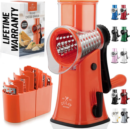 Zulay Kitchen Rotary Cheese Grater 5 Blade Cheese Shredder - Manual Hand Crank Cheese Grater With Reinforced Suction & 5 Interchangeable Drums - Easy to Use, Vegetable Chopper Round Mandoline Slicer - Colors B