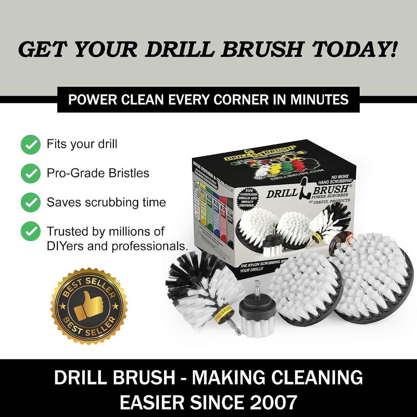 Drillbrush Electric Nylon Drill Brush Attachment Set for Bathroom Cleaning | Power Scrubber Brush Kit for Bathtub, Shower & Tile - Grout Cleaner Kit - All-Purpose Household Cleaning Brushes for Drill