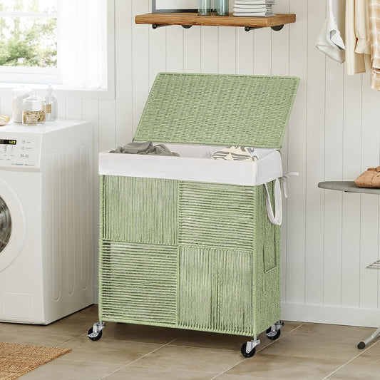 WOWLIVE Double Laundry Hamper with Wheels, Handwoven Rolling Laundry Basket | 115L Dirty Clothes Hamper with Lid, Removable Liner Bag, Large Capacity Laundry Sorter Laundry Room Organization, Green
