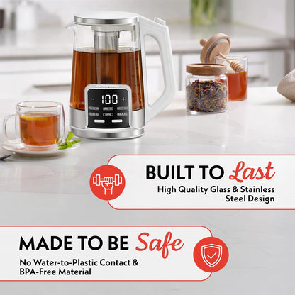 Gourmia Electric Glass Kettle – 1.7L Programmable Tea & Coffee Brewer with Digital Touch Display, 6 Presets, Removable Stainless Steel Infuser, Cordless with 360° Swivel Base, Black