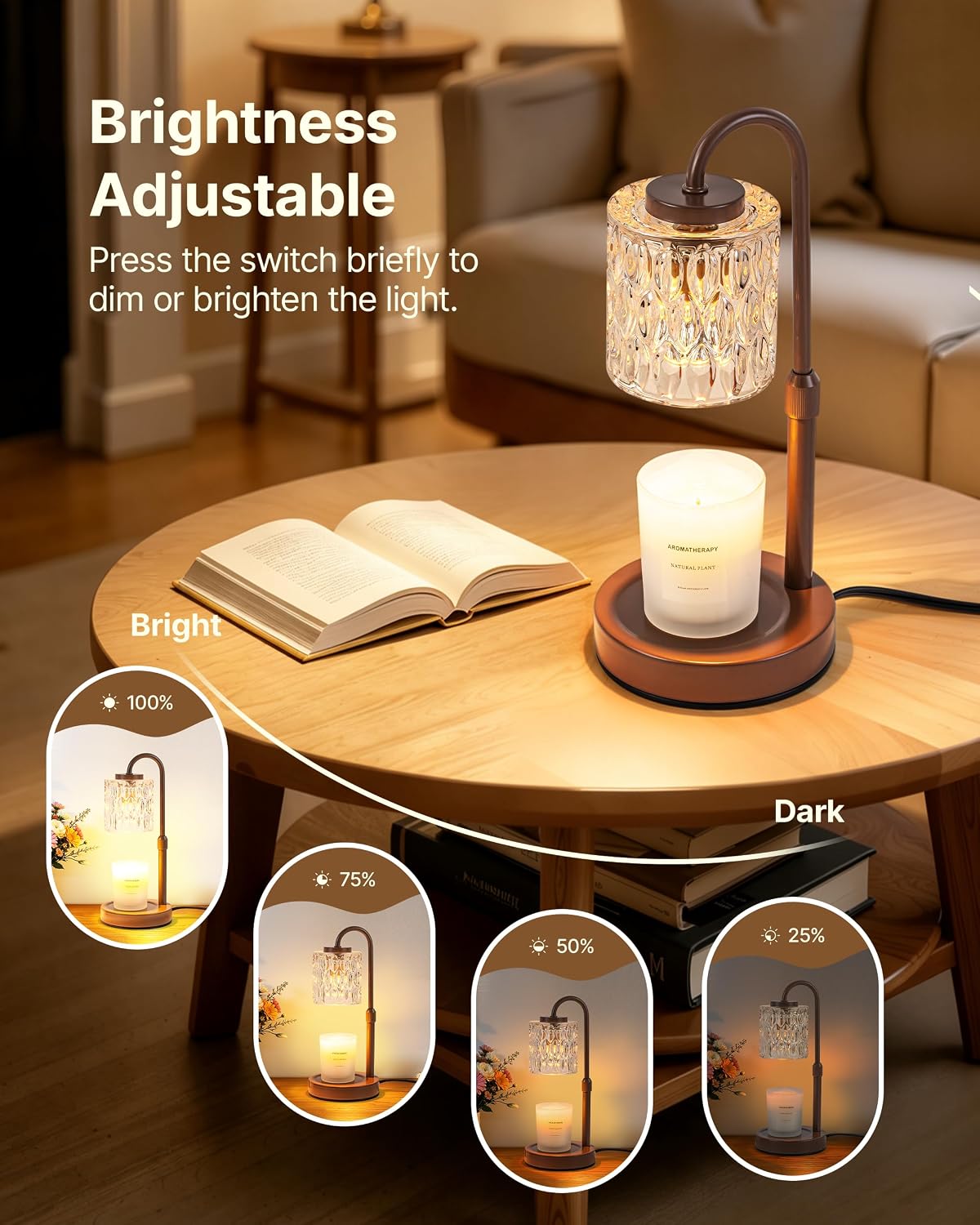 CASTLELIFE Dimmable Candle Warmer Lamp with Timer, Height Adjustable Candle Warmer for Jar Candles, Electric Wax Melt Warmer for Home Decor House Warming Gifts, Birthday Gifts for Women, Black Clear