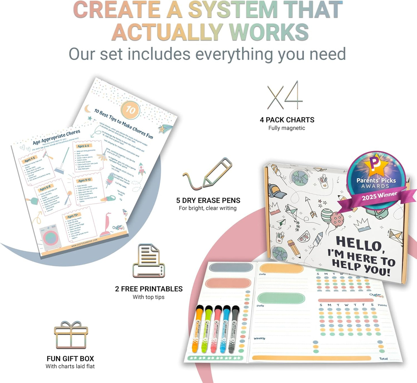 Oyster&Pop Black Chore Charts for Multiple Kids - 3 Pack Magnetic Dry Erase | Build responsibility, independence and routines - give kids and teens their own black magnetic board and weekly rewards